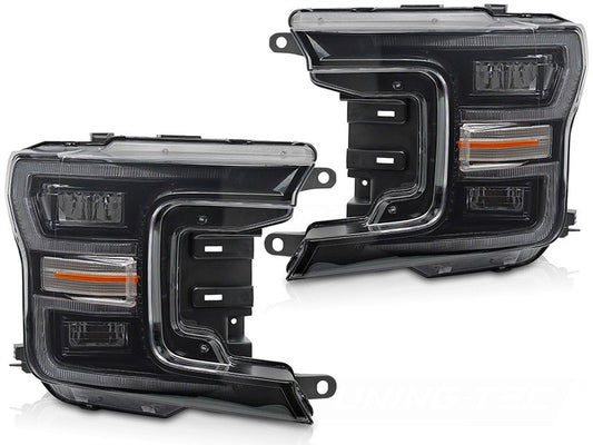 Set faruri LED tuning pentru Ford F150 (2017-2020) cu baza neagra, pentru modelul cu lumini DRL din fabrica, cu semnalizari dinamice, stanga si dreapta