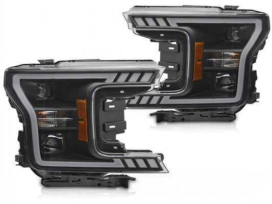 Set faruri tuning cu lumina LED pentru Ford F150 (2017-2020) cu baza neagra, cu semnalizari dinamice, stanga si dreapta