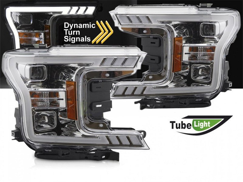 Set faruri tuning cu lumina LED pentru Ford F150 (2017-2020) cu baza cromata, cu semnalizari dinamice, stanga si dreapta