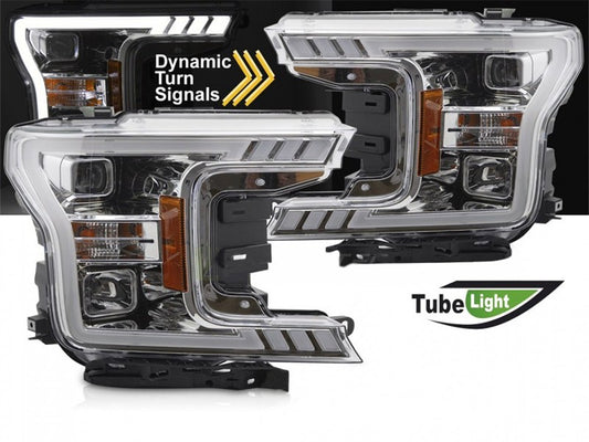 Set faruri tuning cu lumina LED pentru Ford F150 (2017-2020) cu baza cromata, cu semnalizari dinamice, stanga si dreapta
