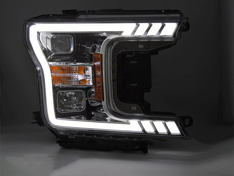 Set faruri tuning cu lumina LED pentru Ford F150 (2017-2020) cu baza cromata, cu semnalizari dinamice, stanga si dreapta