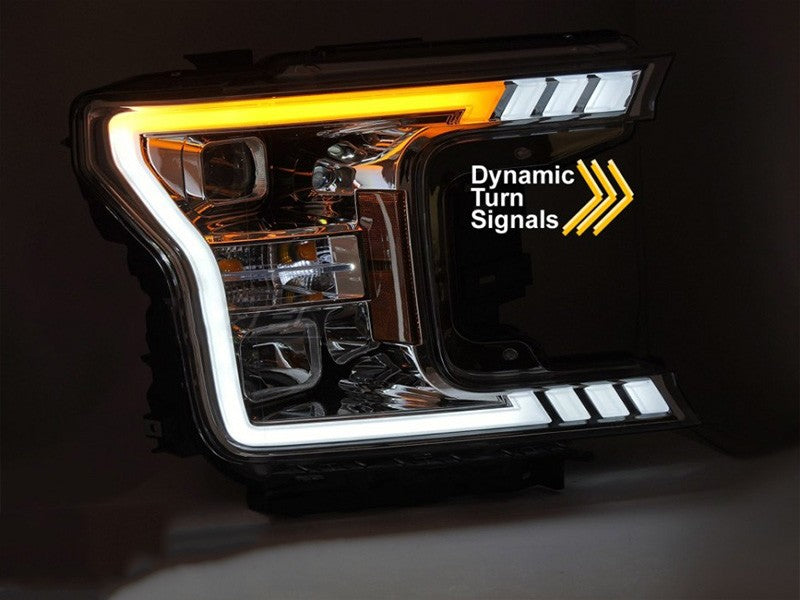 Set faruri tuning cu lumina LED pentru Ford F150 (2017-2020) cu baza cromata, cu semnalizari dinamice, stanga si dreapta