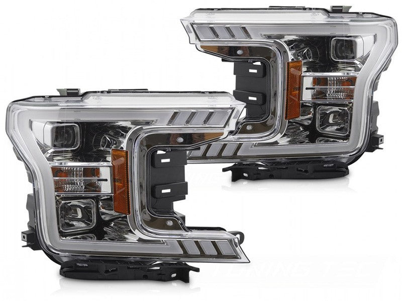Set faruri tuning cu lumina LED pentru Ford F150 (2017-2020) cu baza cromata, cu semnalizari dinamice, stanga si dreapta