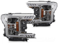 Set faruri tuning cu lumina LED pentru Ford F150 (2017-2020) cu baza cromata, cu semnalizari dinamice, stanga si dreapta