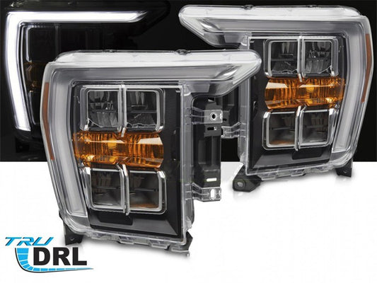 Set faruri LED tuning pentru Ford F150 (2020-2023) cu baza neagra, pentru modelul cu lumini DRL din fabrica, stanga si dreapta