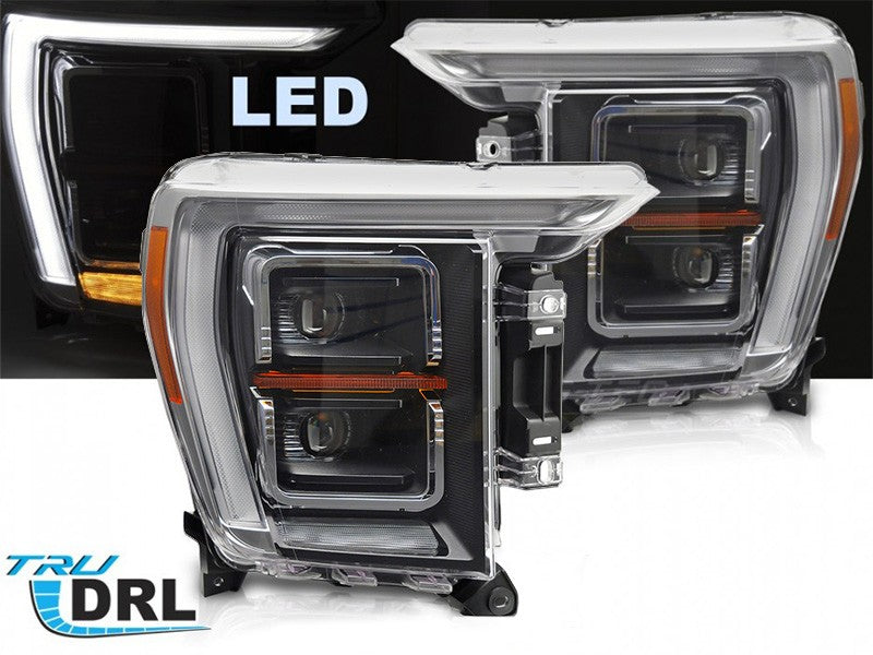 Set faruri LED tuning pentru Ford F150 (2020-2023) cu baza neagra, pentru modelul cu lumini DRL din fabrica, stanga si dreapta