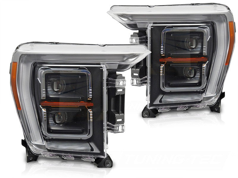 Set faruri LED tuning pentru Ford F150 (2020-2023) cu baza neagra, pentru modelul cu lumini DRL din fabrica, stanga si dreapta