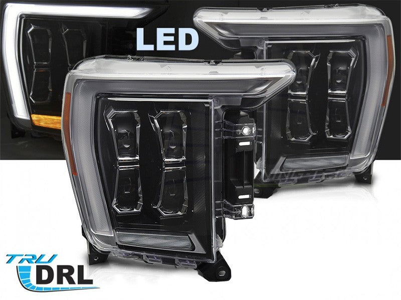 Set faruri LED tuning pentru Ford F150 (2020-2023) cu baza neagra, pentru modelul cu lumini DRL din fabrica, stanga si dreapta