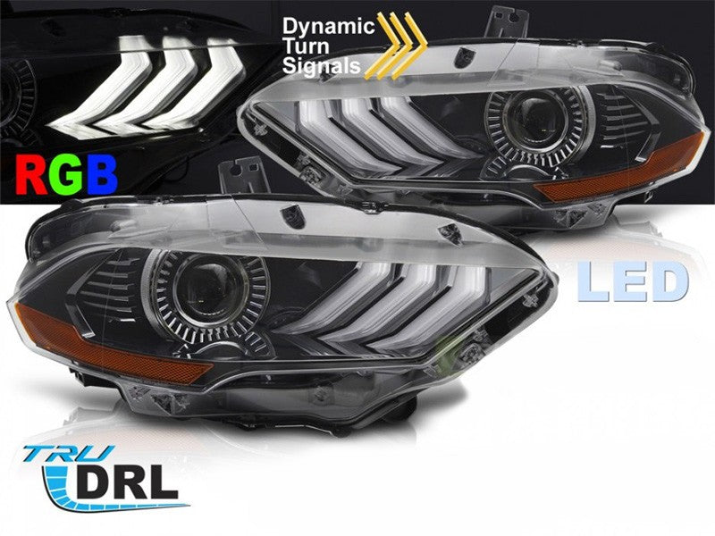 Set faruri LED tuning pentru Ford Mustang (2018-2021), cu baza neagra, cu semnalizari dinamice, lumini DRL RGB pentru modelul cu DRL din fabrica, stanga si dreapta