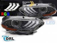 Set faruri LED tuning pentru Ford Mustang (2018-2021), cu baza neagra, cu semnalizari dinamice, lumini DRL RGB pentru modelul cu DRL din fabrica, stanga si dreapta