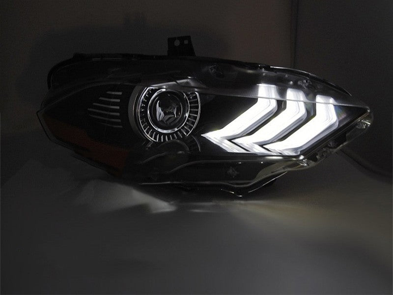 Set faruri LED tuning pentru Ford Mustang (2018-2021), cu baza neagra, cu semnalizari dinamice, lumini DRL RGB pentru modelul cu DRL din fabrica, stanga si dreapta