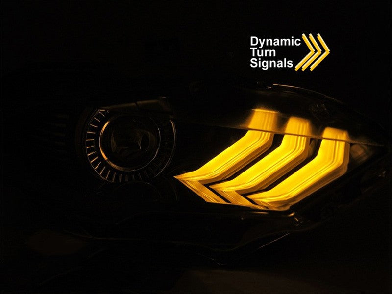 Set faruri LED tuning pentru Ford Mustang (2018-2021), cu baza neagra, cu semnalizari dinamice, lumini DRL RGB pentru modelul cu DRL din fabrica, stanga si dreapta