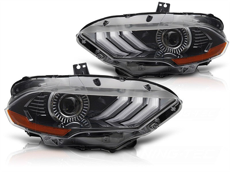 Set faruri LED tuning pentru Ford Mustang (2018-2021), cu baza neagra, cu semnalizari dinamice, lumini DRL RGB pentru modelul cu DRL din fabrica, stanga si dreapta