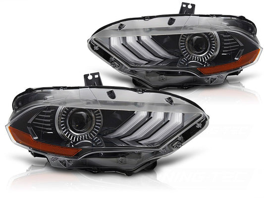Set faruri LED tuning pentru Ford Mustang (2018-2021), cu baza neagra, cu semnalizari dinamice, lumini DRL RGB pentru modelul cu DRL din fabrica, stanga si dreapta