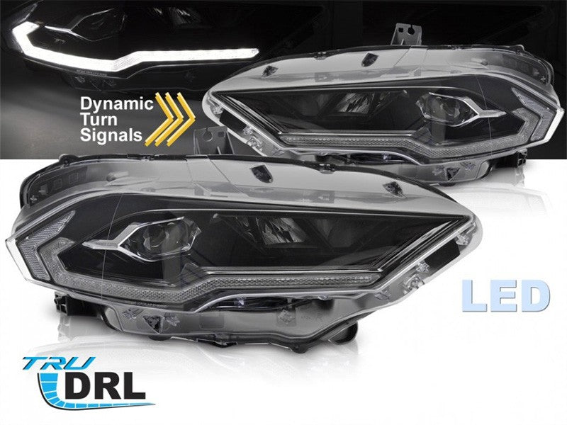 Set faruri LED pentru Ford Mustang (2018-2021), cu baza neagra, cu semnalizari dinamice, pentru modelul cu DRL din fabrica, cu functie „Welcome”