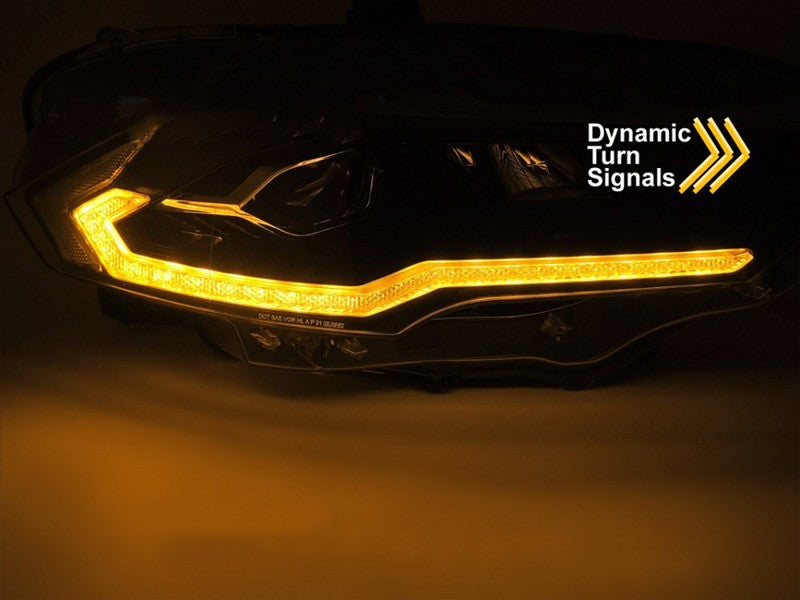 Set faruri LED pentru Ford Mustang (2018-2021), cu baza neagra, cu semnalizari dinamice, pentru modelul cu DRL din fabrica, cu functie „Welcome”