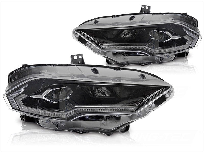 Set faruri LED pentru Ford Mustang (2018-2021), cu baza neagra, cu semnalizari dinamice, pentru modelul cu DRL din fabrica, cu functie „Welcome”