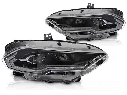 Set faruri LED pentru Ford Mustang (2018-2021), cu baza neagra, cu semnalizari dinamice, pentru modelul cu DRL din fabrica, cu functie „Welcome”