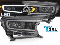 Set faruri tuning LED pentru Ford Ranger (2016-2022), cu baza neagra, cu semnalizatoare dinamice, pentru modelul cu lumini DRL din fabrica, stanga si dreapta