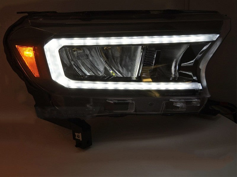 Set faruri tuning LED pentru Ford Ranger (2016-2022), cu baza neagra, cu semnalizatoare dinamice, pentru modelul cu lumini DRL din fabrica, stanga si dreapta