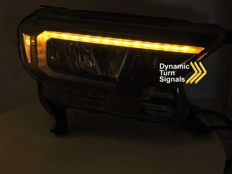 Set faruri tuning LED pentru Ford Ranger (2016-2022), cu baza neagra, cu semnalizatoare dinamice, pentru modelul cu lumini DRL din fabrica, stanga si dreapta