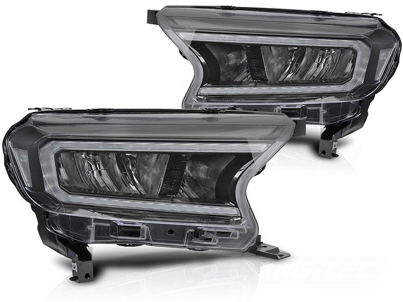 Set faruri tuning LED pentru Ford Ranger (2016-2022), cu baza neagra, cu semnalizatoare dinamice, pentru modelul cu lumini DRL din fabrica, stanga si dreapta