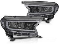 Set faruri tuning LED pentru Ford Ranger (2016-2022), cu baza neagra, cu semnalizatoare dinamice, pentru modelul cu lumini DRL din fabrica, stanga si dreapta