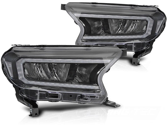Set faruri tuning LED pentru Ford Ranger (2016-2022), cu baza neagra, cu semnalizatoare dinamice, pentru modelul cu lumini DRL din fabrica, stanga si dreapta
