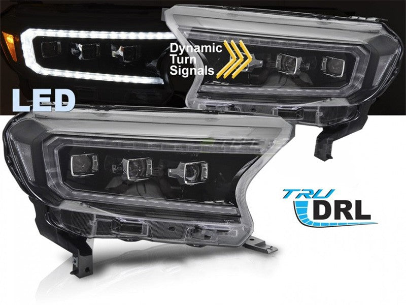 Set faruri tuning LED pentru Ford Ranger (2016-2022), cu baza neagra, cu semnalizatoare dinamice, pentru modelul cu lumini DRL din fabrica, cu functie „Welcome”, stanga si dreapta