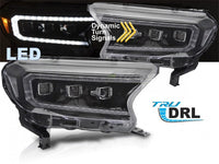 Set faruri tuning LED pentru Ford Ranger (2016-2022), cu baza neagra, cu semnalizatoare dinamice, pentru modelul cu lumini DRL din fabrica, cu functie „Welcome”, stanga si dreapta