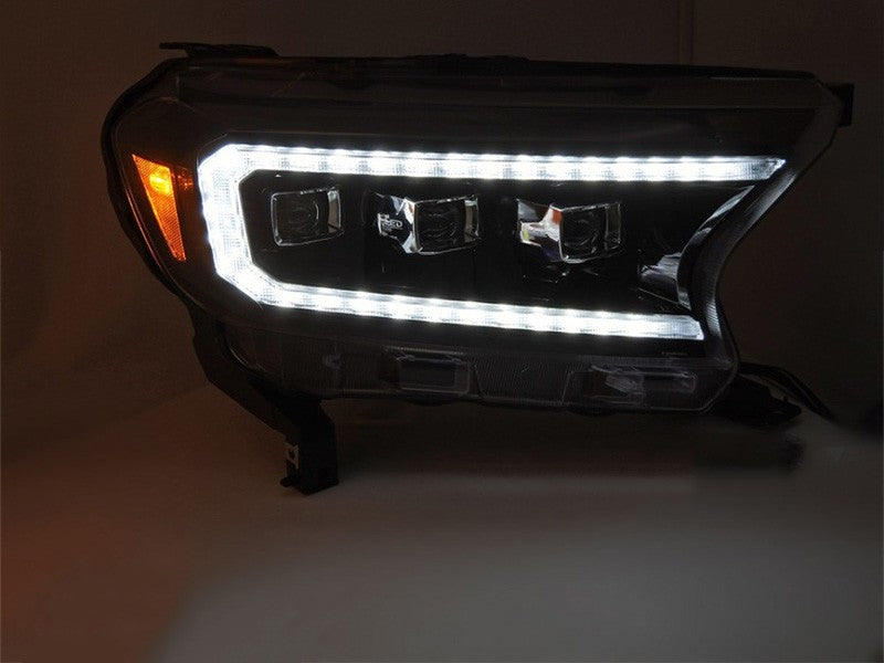 Set faruri tuning LED pentru Ford Ranger (2016-2022), cu baza neagra, cu semnalizatoare dinamice, pentru modelul cu lumini DRL din fabrica, cu functie „Welcome”, stanga si dreapta