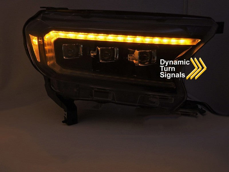 Set faruri tuning LED pentru Ford Ranger (2016-2022), cu baza neagra, cu semnalizatoare dinamice, pentru modelul cu lumini DRL din fabrica, cu functie „Welcome”, stanga si dreapta