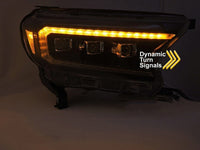 Set faruri tuning LED pentru Ford Ranger (2016-2022), cu baza neagra, cu semnalizatoare dinamice, pentru modelul cu lumini DRL din fabrica, cu functie „Welcome”, stanga si dreapta