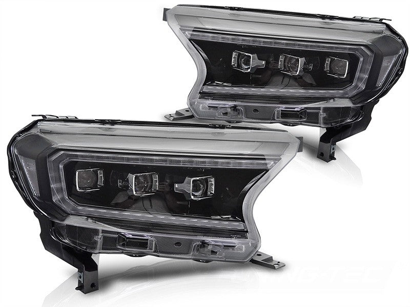Set faruri tuning LED pentru Ford Ranger (2016-2022), cu baza neagra, cu semnalizatoare dinamice, pentru modelul cu lumini DRL din fabrica, cu functie „Welcome”, stanga si dreapta