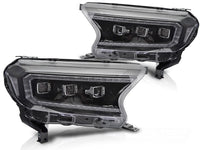 Set faruri tuning LED pentru Ford Ranger (2016-2022), cu baza neagra, cu semnalizatoare dinamice, pentru modelul cu lumini DRL din fabrica, cu functie „Welcome”, stanga si dreapta