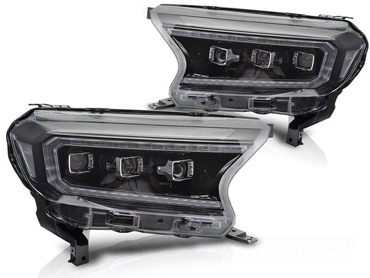 Set faruri tuning LED pentru Ford Ranger (2016-2022), cu baza neagra, cu semnalizatoare dinamice, pentru modelul cu lumini DRL din fabrica, cu functie „Welcome”, stanga si dreapta
