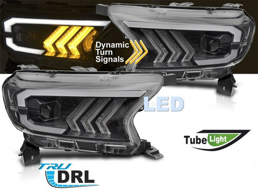 Set faruri tuning LED pentru Ford Ranger (2016-2022), cu baza neagra, pentru modelul cu lumini DRL din fabrica, cu semnalizatoare dinamice, stanga si dreapta