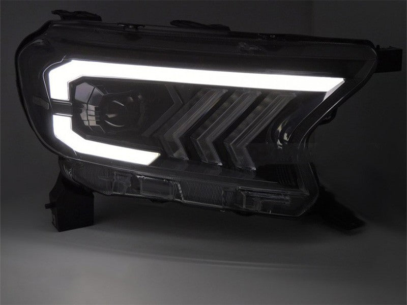 Set faruri tuning LED pentru Ford Ranger (2016-2022), cu baza neagra, pentru modelul cu lumini DRL din fabrica, cu semnalizatoare dinamice, stanga si dreapta