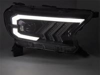 Set faruri tuning LED pentru Ford Ranger (2016-2022), cu baza neagra, pentru modelul cu lumini DRL din fabrica, cu semnalizatoare dinamice, stanga si dreapta