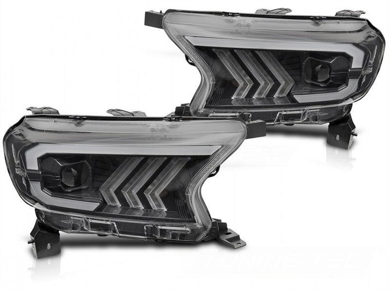 Set faruri tuning LED pentru Ford Ranger (2016-2022), cu baza neagra, pentru modelul cu lumini DRL din fabrica, cu semnalizatoare dinamice, stanga si dreapta