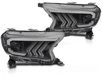 Set faruri tuning LED pentru Ford Ranger (2016-2022), cu baza neagra, pentru modelul cu lumini DRL din fabrica, cu semnalizatoare dinamice, stanga si dreapta