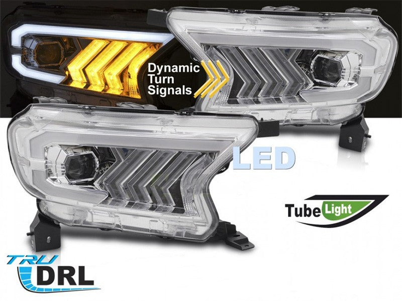 Set faruri tuning LED pentru Ford Ranger (2016-2022), cu baza crom, pentru modelul cu lumini DRL din fabrica, cu semnalizatoare dinamice, stanga si dreapta