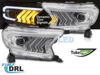 Set faruri tuning LED pentru Ford Ranger (2016-2022), cu baza crom, pentru modelul cu lumini DRL din fabrica, cu semnalizatoare dinamice, stanga si dreapta