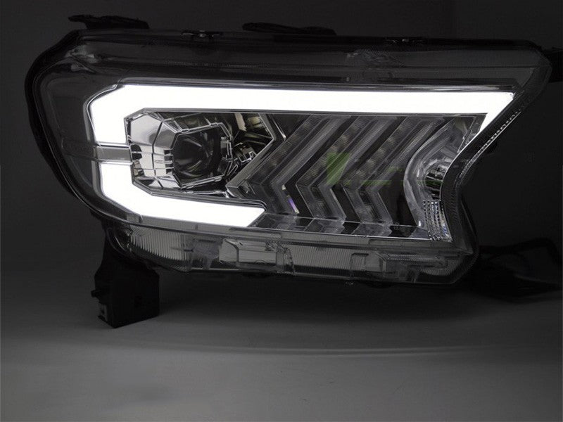 Set faruri tuning LED pentru Ford Ranger (2016-2022), cu baza crom, pentru modelul cu lumini DRL din fabrica, cu semnalizatoare dinamice, stanga si dreapta
