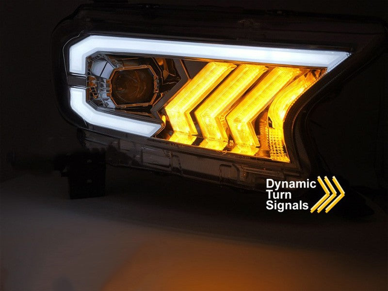 Set faruri tuning LED pentru Ford Ranger (2016-2022), cu baza crom, pentru modelul cu lumini DRL din fabrica, cu semnalizatoare dinamice, stanga si dreapta