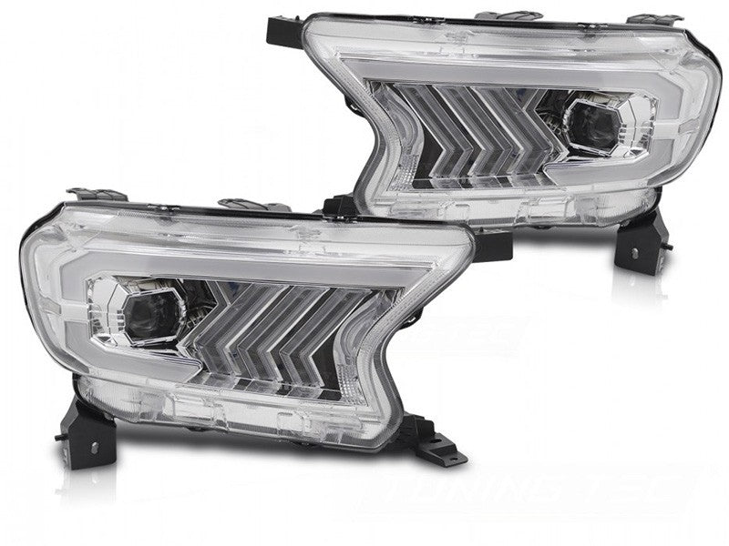 Set faruri tuning LED pentru Ford Ranger (2016-2022), cu baza crom, pentru modelul cu lumini DRL din fabrica, cu semnalizatoare dinamice, stanga si dreapta