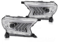 Set faruri tuning LED pentru Ford Ranger (2016-2022), cu baza crom, pentru modelul cu lumini DRL din fabrica, cu semnalizatoare dinamice, stanga si dreapta