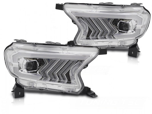 Set faruri tuning LED pentru Ford Ranger (2016-2022), cu baza crom, pentru modelul cu lumini DRL din fabrica, cu semnalizatoare dinamice, stanga si dreapta